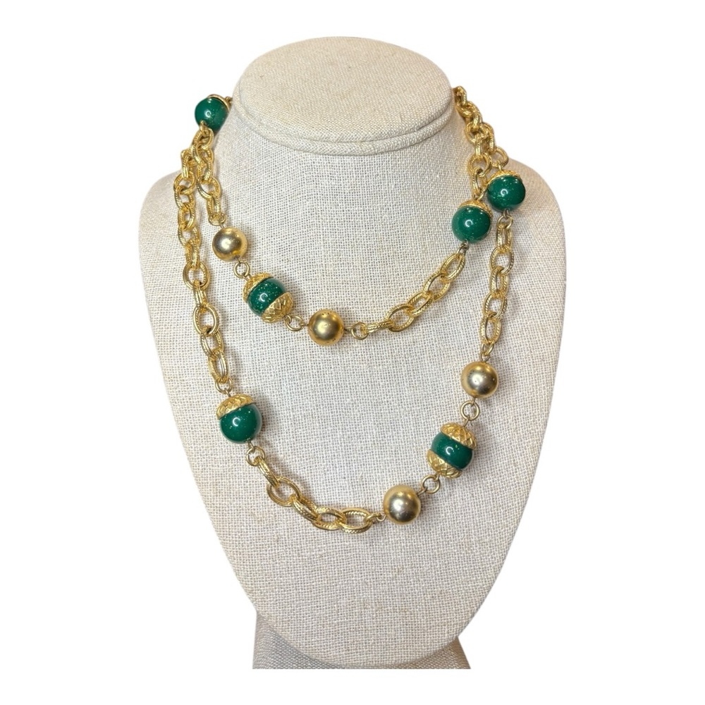 Vintage Gold Tone Chain Necklace Green & Gold Beads 32” Statement Layering J14